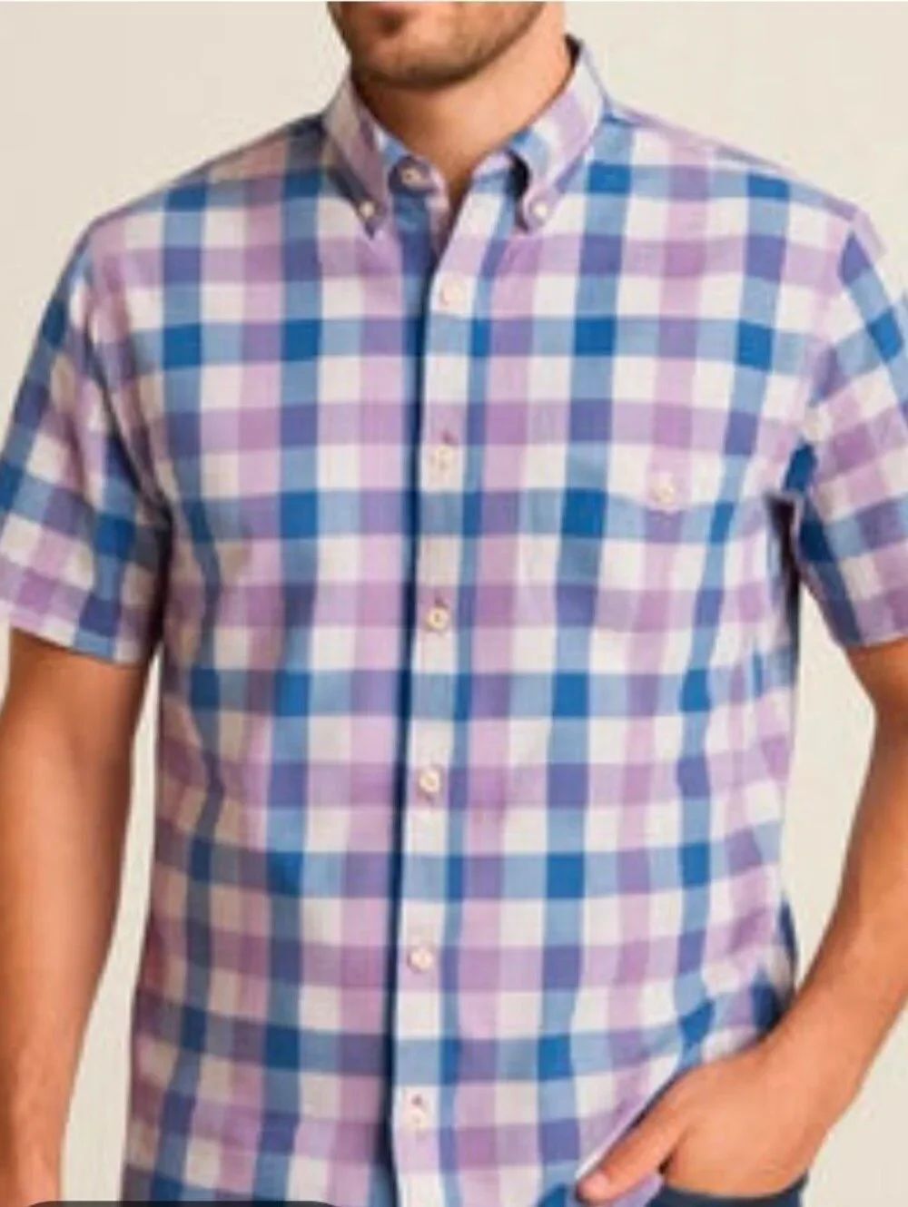 Chaps XL Plaid White Blue Lavender Shrtslv Logo Pocket Buttons Down Men's Shirt
